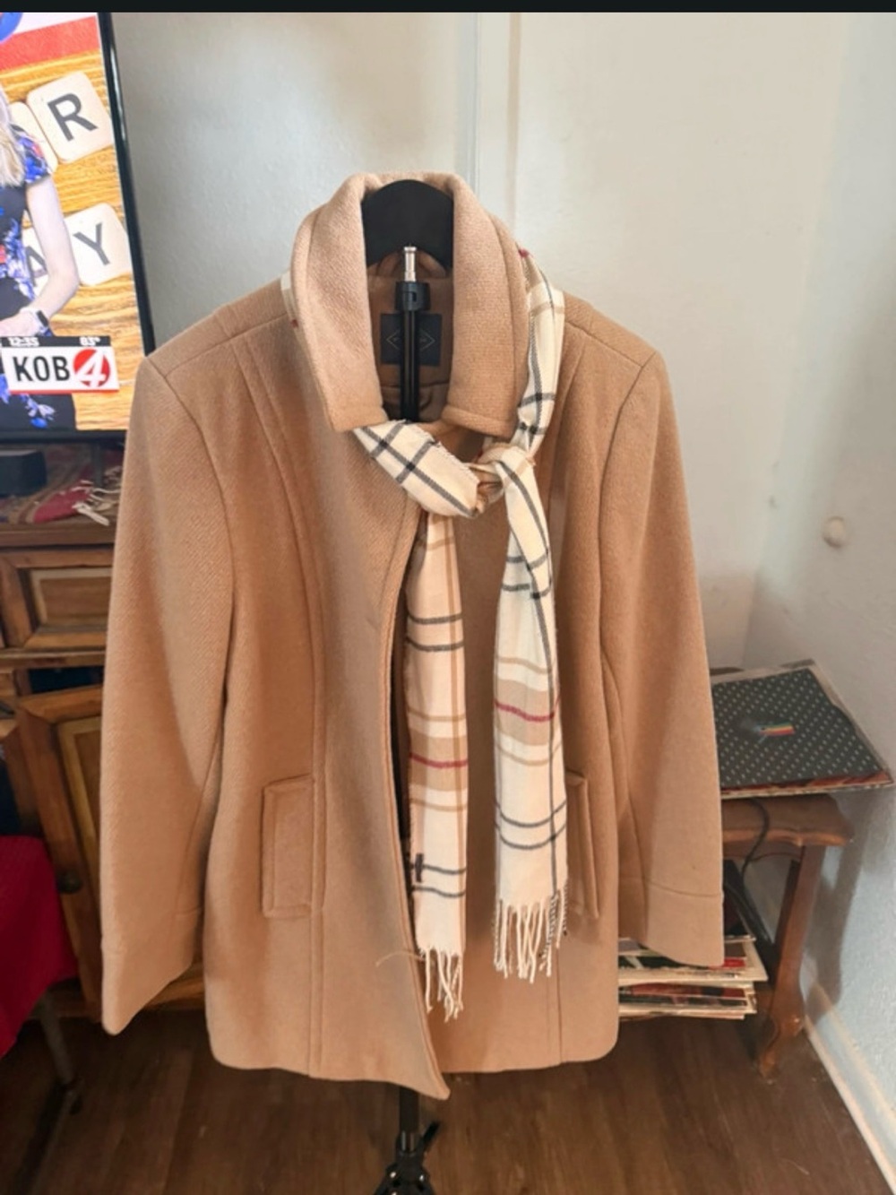 St. John's Bay Camel Pea Coat with Cream Plaid Scarf
